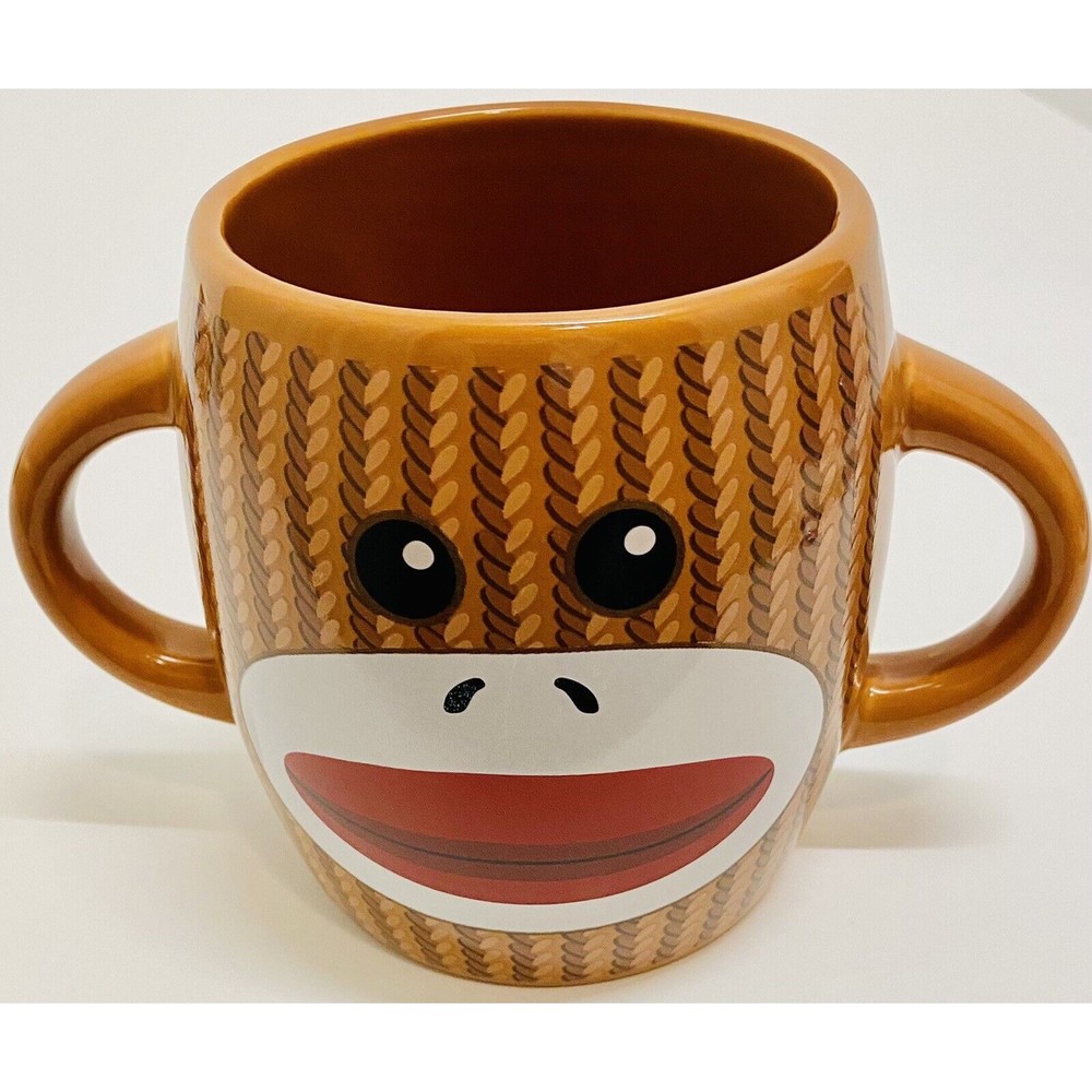 Sock Monkey Coffee Cup Mug Brown White Double Handle Galerie Ceramic, EUC